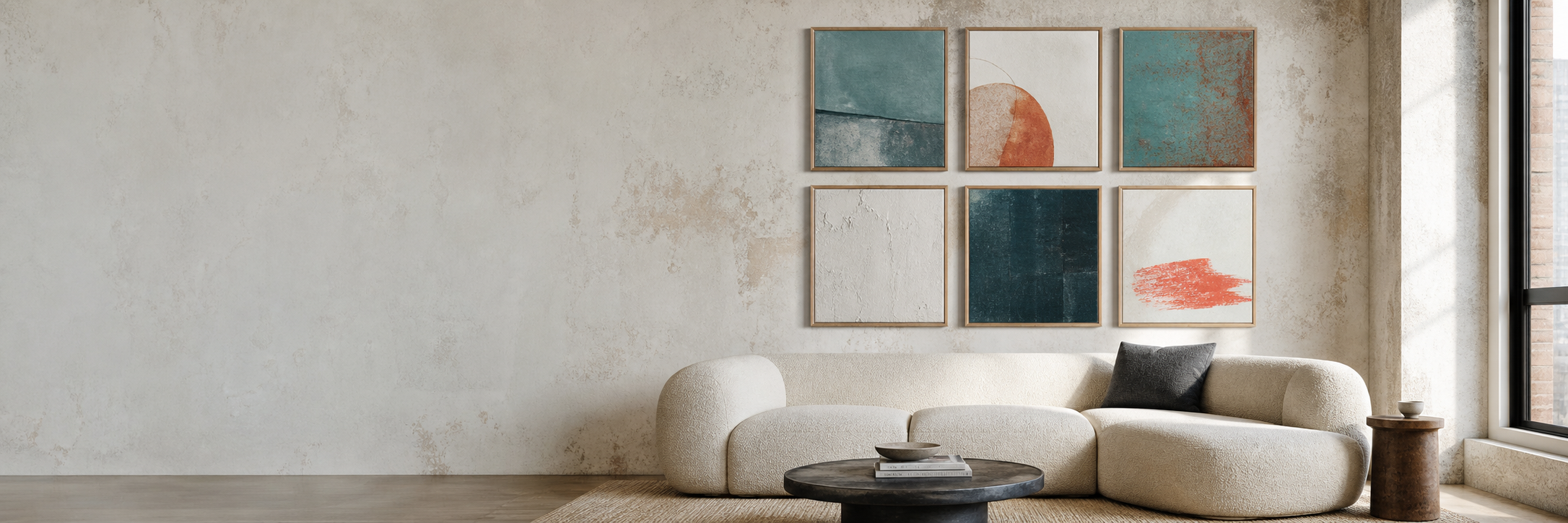ROOMFIELD gallery wall with six coordinated abstract artworks in a modern apartment